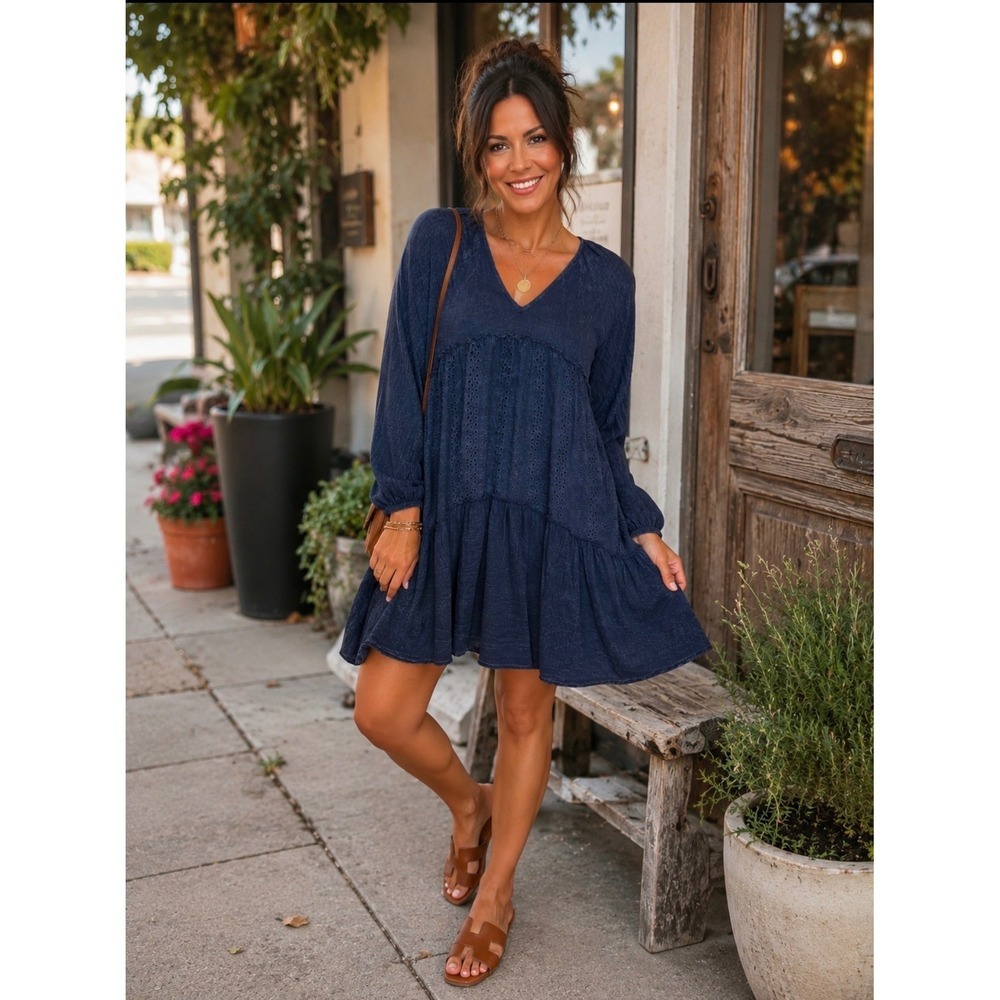 Altar'd State Navy Blue Eyelet Lace Tiered Boho Mini Dress Long Sleeve V-Neck S